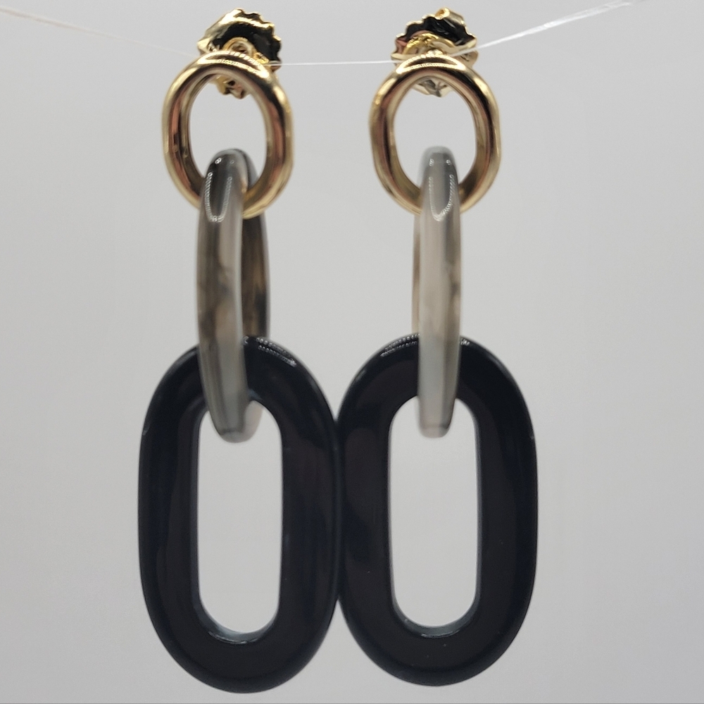 NWOT Gold-Plated Link Earrings Black Gray Acrylic 2" Fashion Jewelry